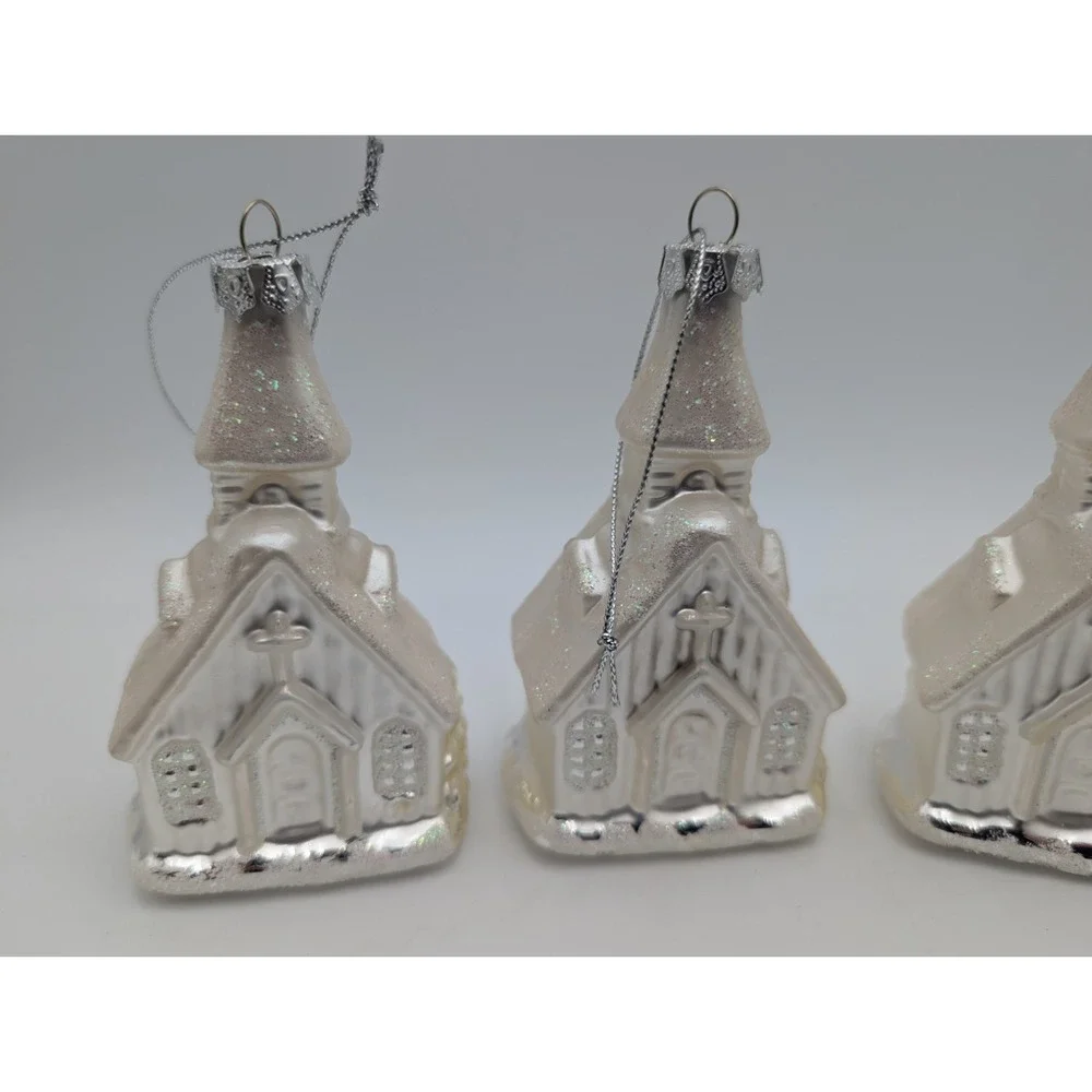 Glass Church Chapel Christmas Ornaments Silver White Lot of 3 4 Inch‎